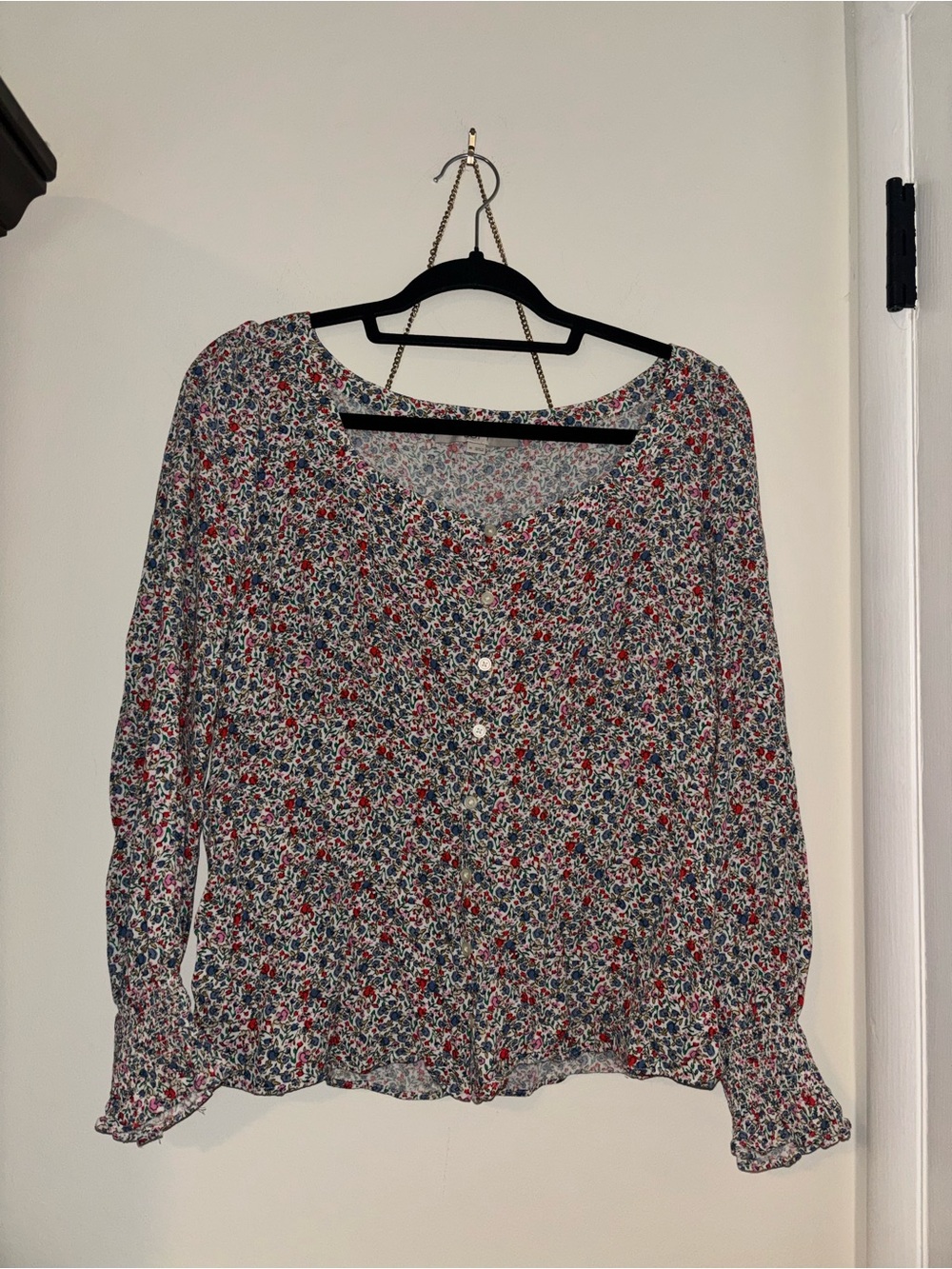 LOFT Floral Button-Front Blouse in Red, Blue, White